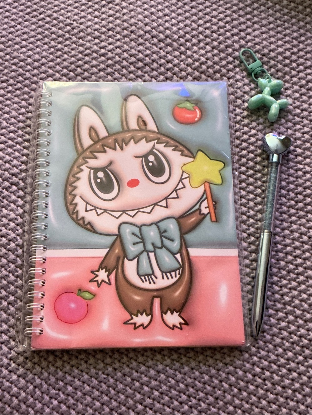 Cute Monster Spiral Notebook in Pink and Teal with Pen & Keychain (3 pieces)